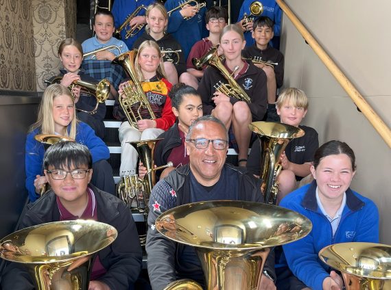 Taupo Brass Academy Students With Tuba Tutor Gary Collins Cropped